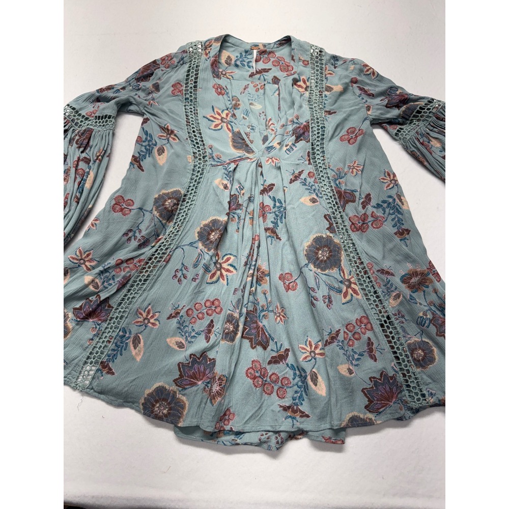 Free People Floral Crochet Trim Balloon Sleeve Tunic Top Blue XS Boho Rayon